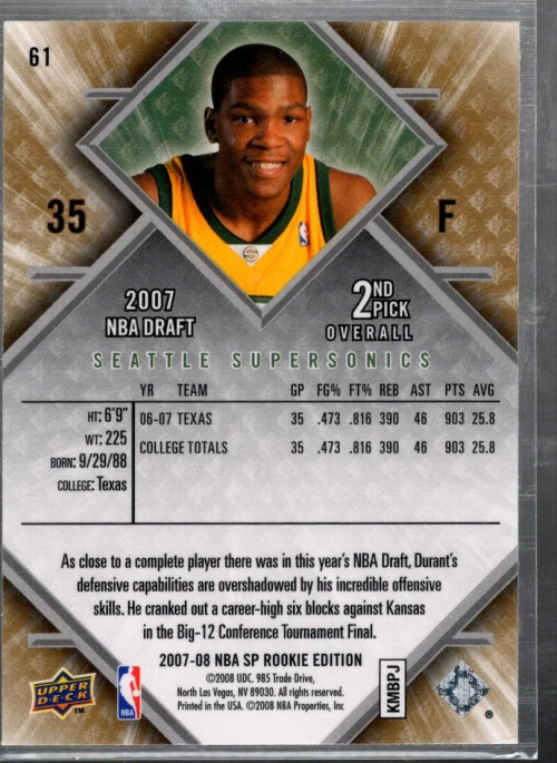 B4641- 2007-08 SP Rookie Edition #61 Kevin Durant RC - NM-MT - Image 2 of 2