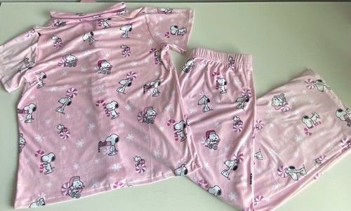 Munki Munki Peanuts Snoopy Terciopelo PJ Set Navidad Bastón de Caramelo Rosa Para Mujer Talla XL - Imagen 9 de 12