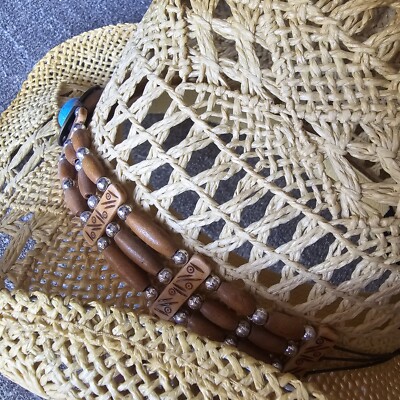 Straw Cowboy Hat Teal Beaded Leon Leather Co Hat Raffia  display picture 1