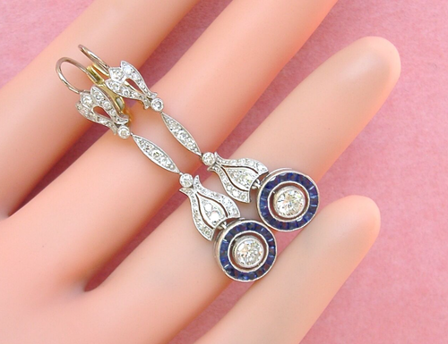 ART DECO 1.43ctw DIAMOND .85ctw SAPPHIRE HALO PLATINUM DANGLE COCKTAIL EARRINGS