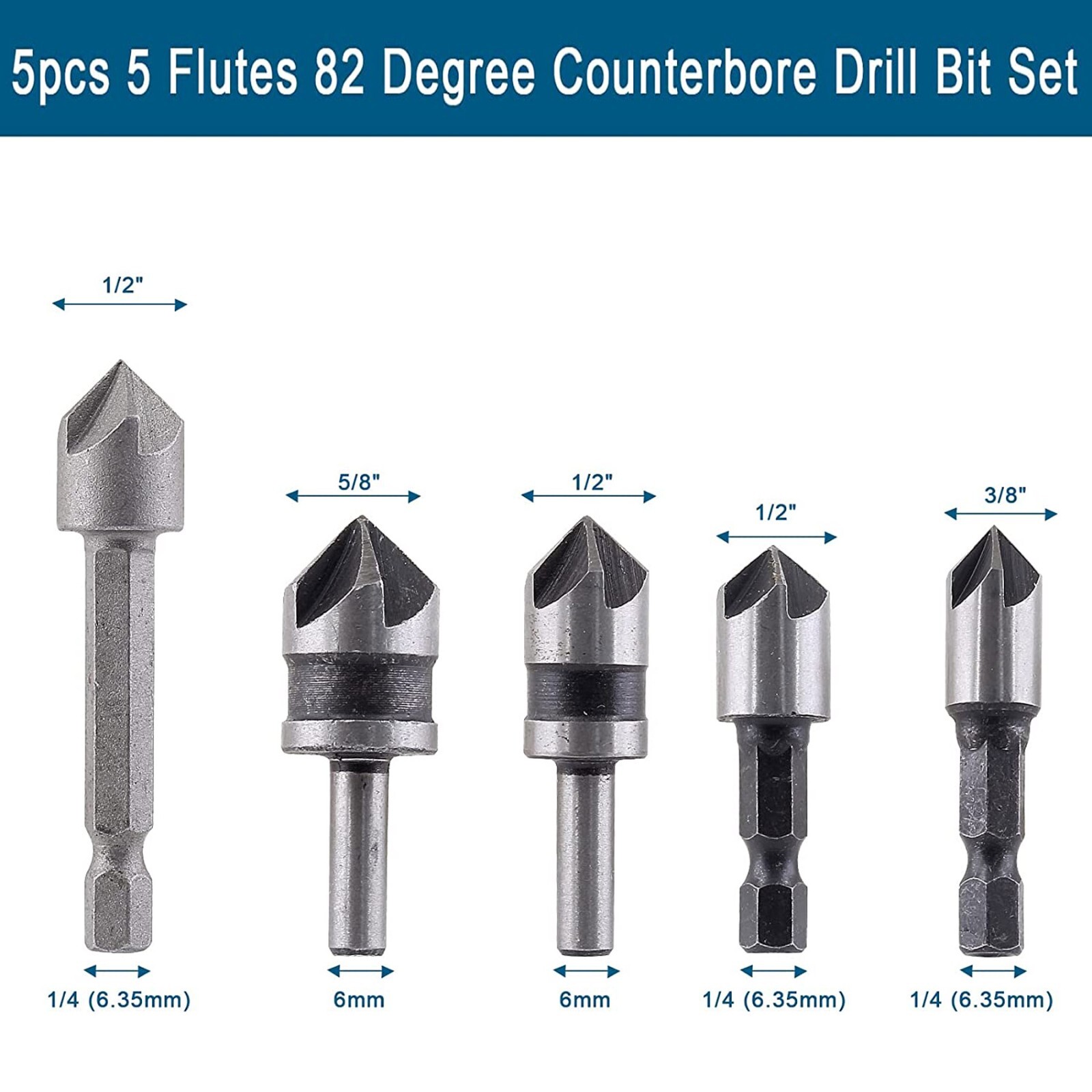5pc Chamfer Countersink Deburring Drill Bit Set Crosshole Cutting Metal ...