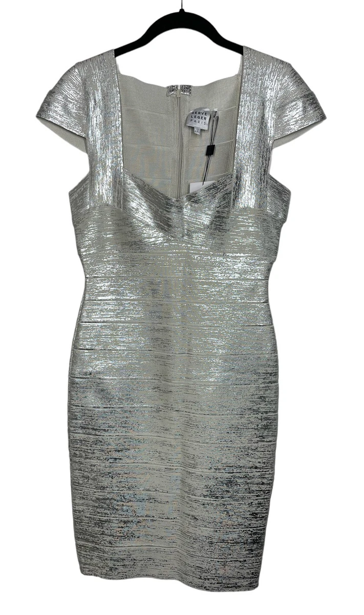 $1,090 Herve Leger Womens Dress L Large Silver Foil Cap Sleeve