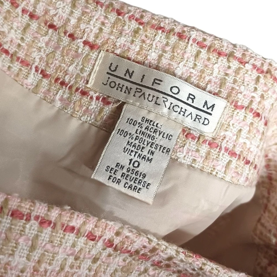 UNIFORM JOHN PAUL RICHARD Red Tan Cream Tweed Plaid Print Raw Hem Skirt 10 M - Imagem 2 de 4