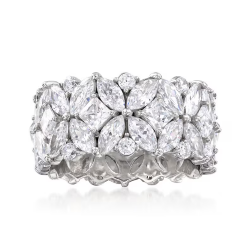 Bague large bande anniversaire diamant floral éternité 10 carats or blanc sur mariage - Photo 1 sur 4
