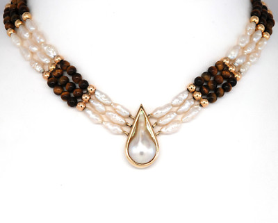 Birnenförmige Mobe Perle Tigerauge Gold Perlen Halskette 14k Gelbgold 16''
