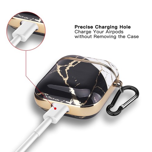 Apple AirPods Marble Gold Case Shockproof Cover Luxury w/ Holder (BLACK/WHITE) - Picture 8 of 13