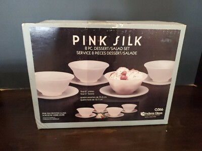 Pink Silk Indiana Glass 8 pc. Dessert/Salad Set Frosted Glass in Original Box