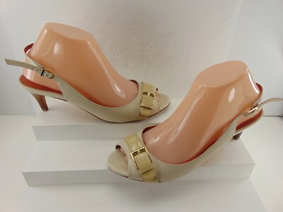 COLE HAAN CREAM SOFT LEATHER MID HEEL PEEP TOE ANKLE STRAP PUMP M 