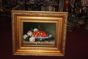 Original-Painting-Strawberries-Flowers-Bowl-Gilded-Wood-Frame-Signed-Wichelle