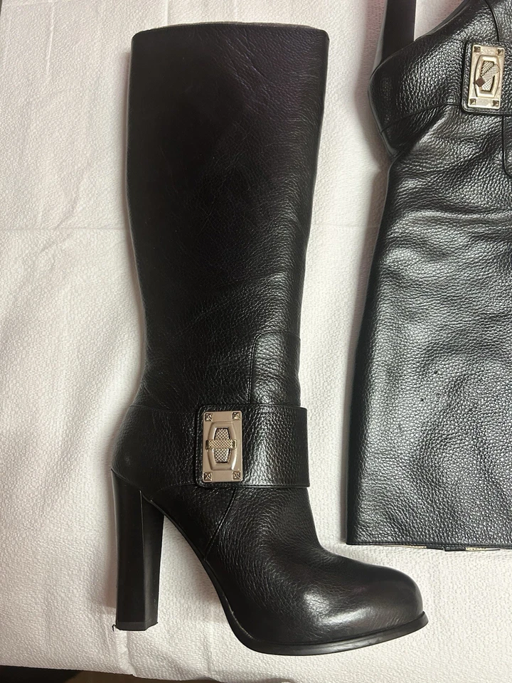 Botas Enzo Angiolini para mujer talla 7,5 cuero negro tacón alto hebilla correa cremallera Foto 3 de 4