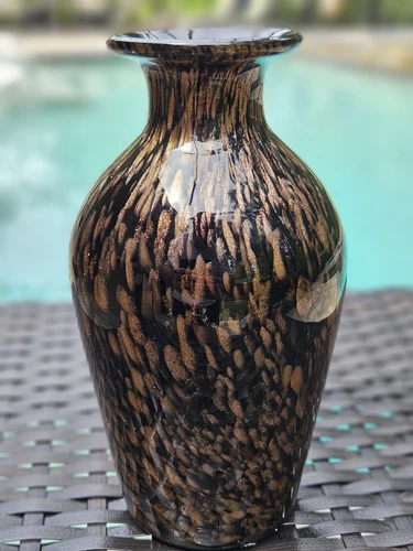 Vintage Murano Art Glass Vase by Vincenzo Nason Black Glass Vase Gold Flecks.