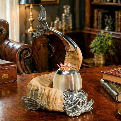 Victorian Antique Sterling Silver Dolphin Sculpture Ram Horn Match Striker