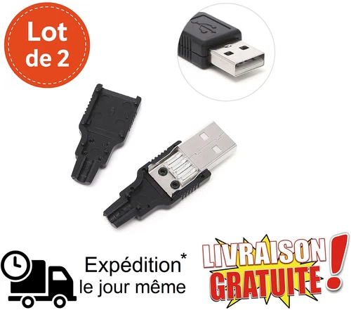 Lot 2 Connecteurs USB mâle à souder Pièce détachée pour câble USB sur mesure