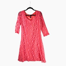 Fresh of LA Dress Salmon Pink Orange Mesh Overlay 2X Lined 3/4 Sleeve Sheer Dot