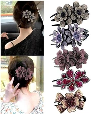5PCS Double Flower Rhinestone Hair Clips Fancy Crystal Floral Accessories