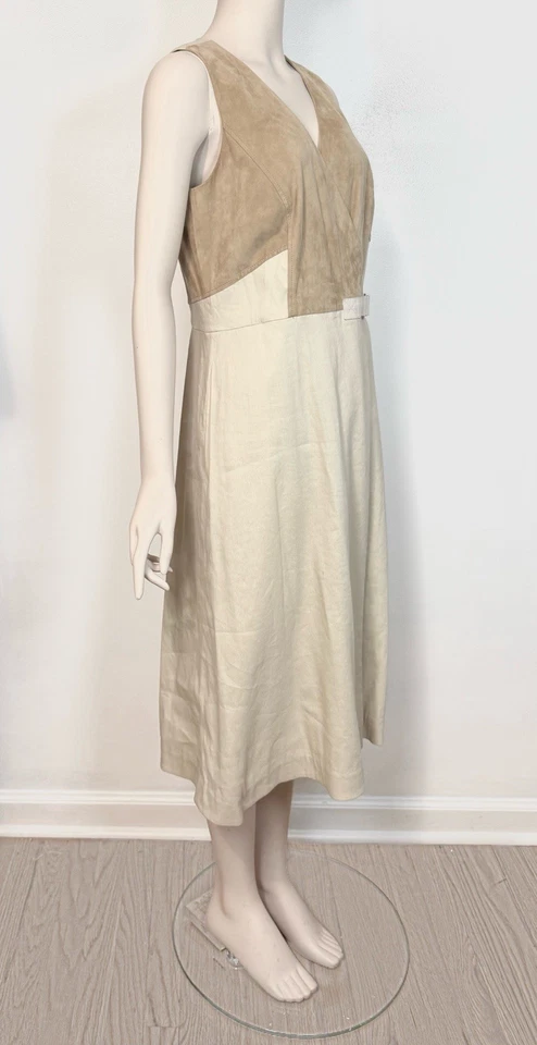 Vestido Combo Envolvente de Cuero Lafayette 148 Línea A con Hebilla Beige Mezcla de Lino talla 10 Foto 3 de 4