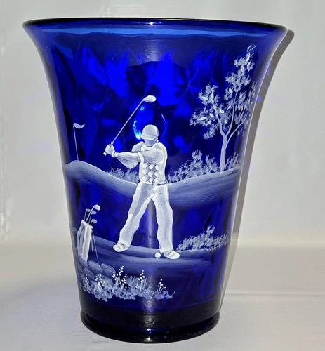 Fenton Hand Painted Cobalt Optic Diamond Golf Vase - JK Spindler & George Fenton