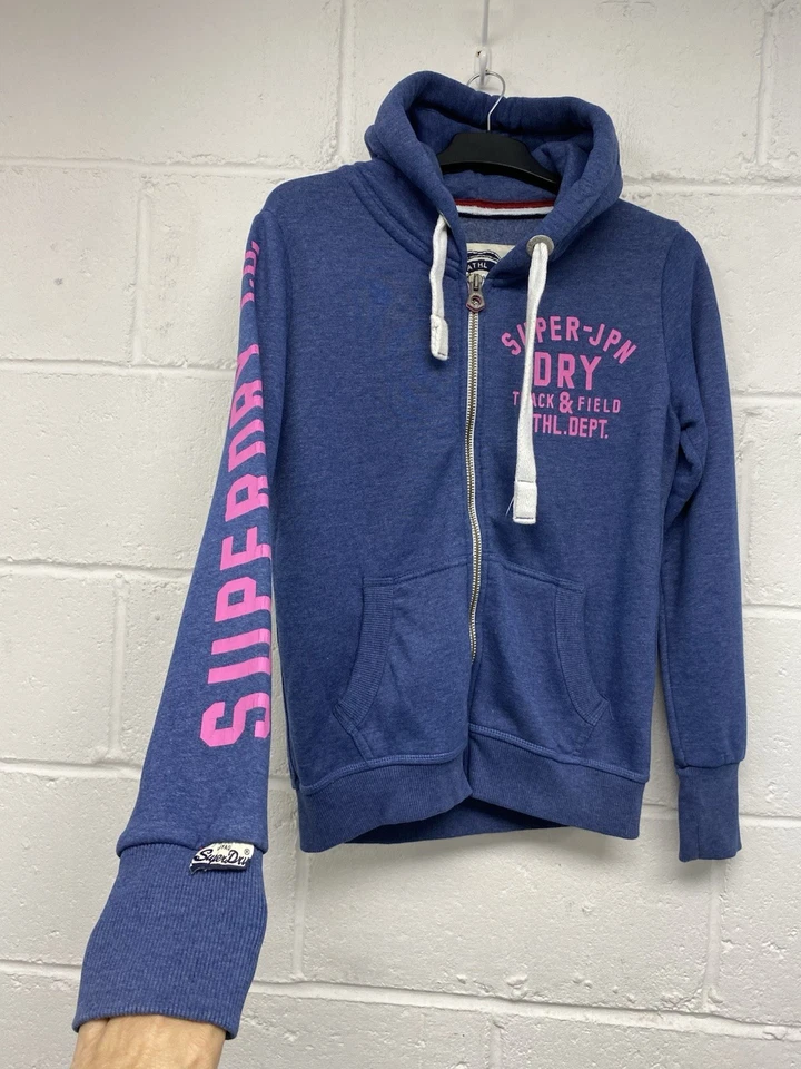 Superdry Sudadera con Capucha Azul Con Logo Rosa Track & Field Cremallera Talla M PK Foto 3 de 4