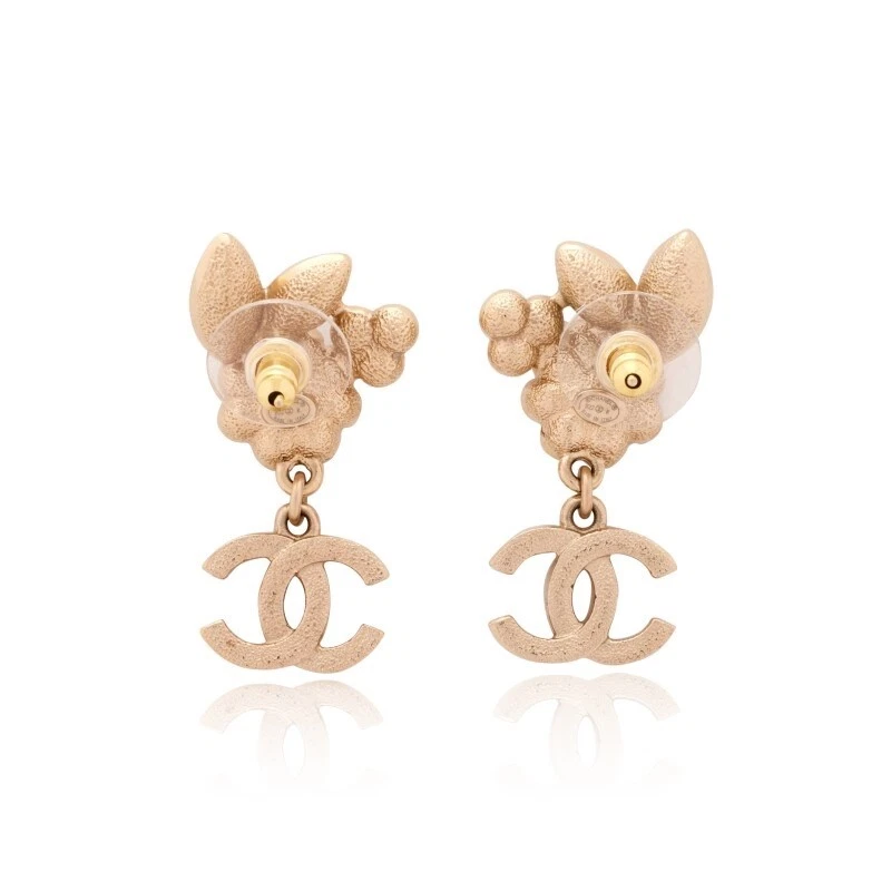 CHANEL Gold Crystal & White Pearl Flower Dangle Earrings - Image 2 of 4
