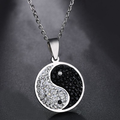 Schwarz & Silber Lucky Steel Halskette Yin Yang Tai Chi Anhänger + 53CM Kette