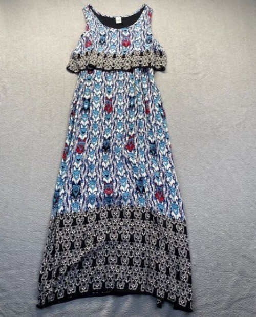 BILA Boho Ikat Print Creped Fabric Overlay Bodice Sleeveless Maxi Dress Size M