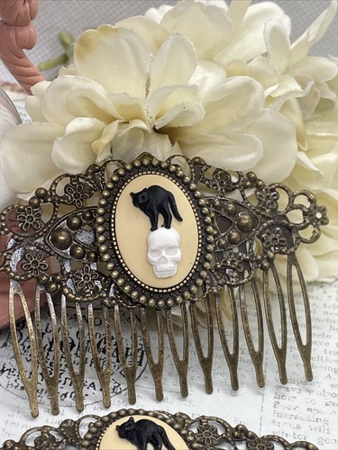 Pair of Bronze Barrette Gothic Hair Comb Cameo Black Cat Kitten Skull Wedding - Picture 4 of 12