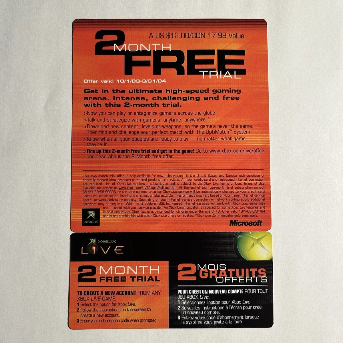 Carte Promo XBOX LIVE 2 Mois Essai - Code Inutilisé Mais EXPIRÉ - Notice