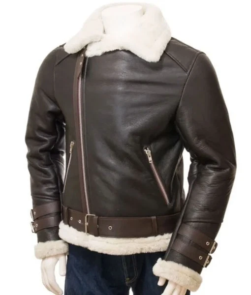 Sherpa Leather Jacket Men’s Asymmetrical Zipper Brown Leather Jacket