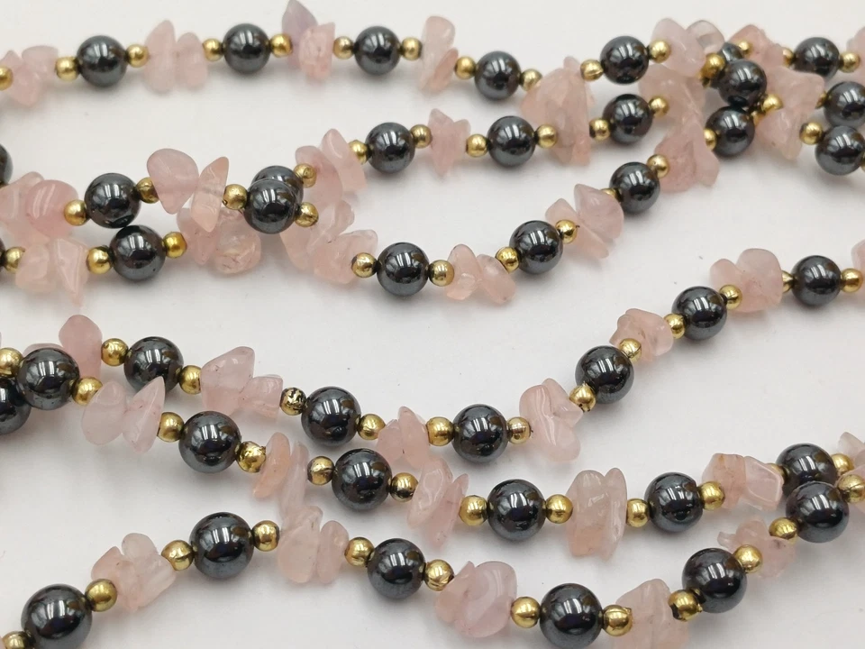 COLLANA TRE FILI CON PIETRA NATURALE EMATITE E QUARZO ROSA - Immagine 2 di 4