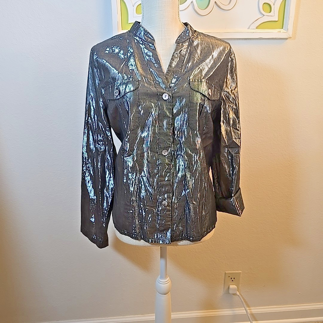 Ruby Rd Size 14 Silver Metallic Blouse Button Up … - image 1