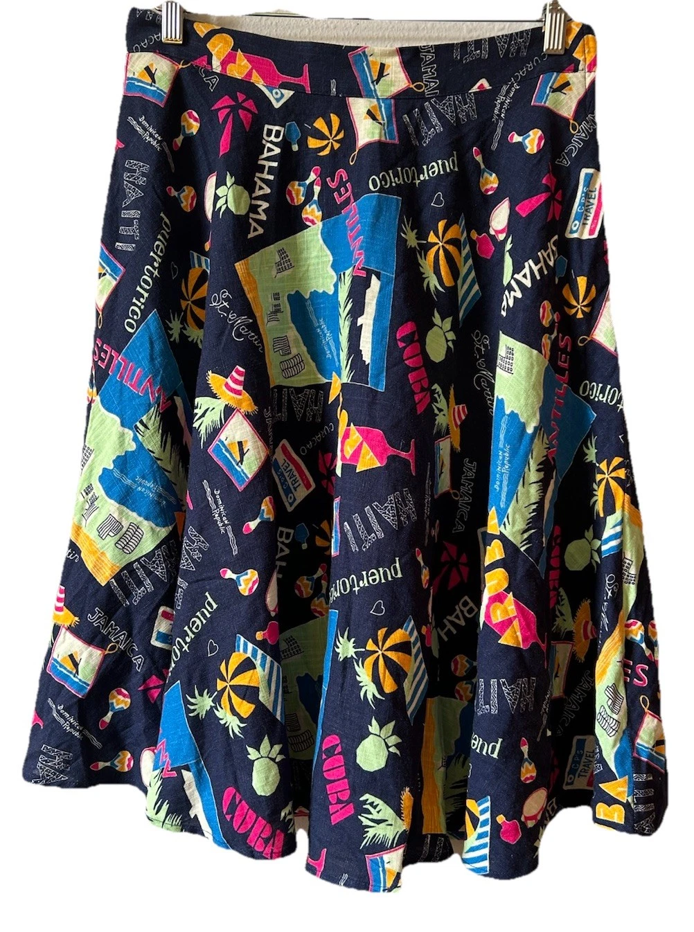 ModCloth Linen Blend Full Tropical Vacation Postcard Skirt L Retro Whimsical