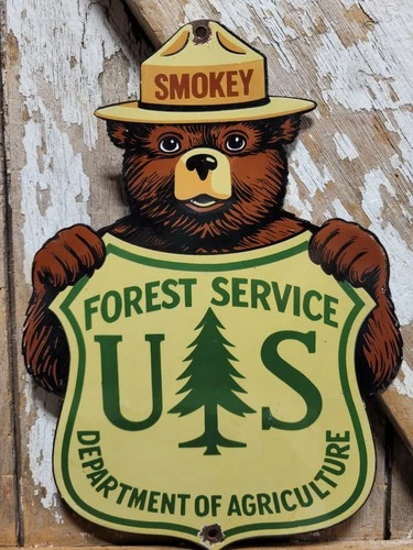 VINTAGE SMOKEY BEAR PORCELAIN SIGN OLD FOREST SERVICE NATIONAL PARK DIECUT 12"