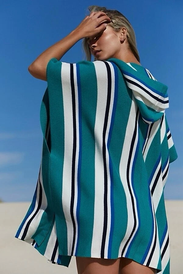 Free People Kelly Combo All I Need Striped Knit Hooded Poncho One Size