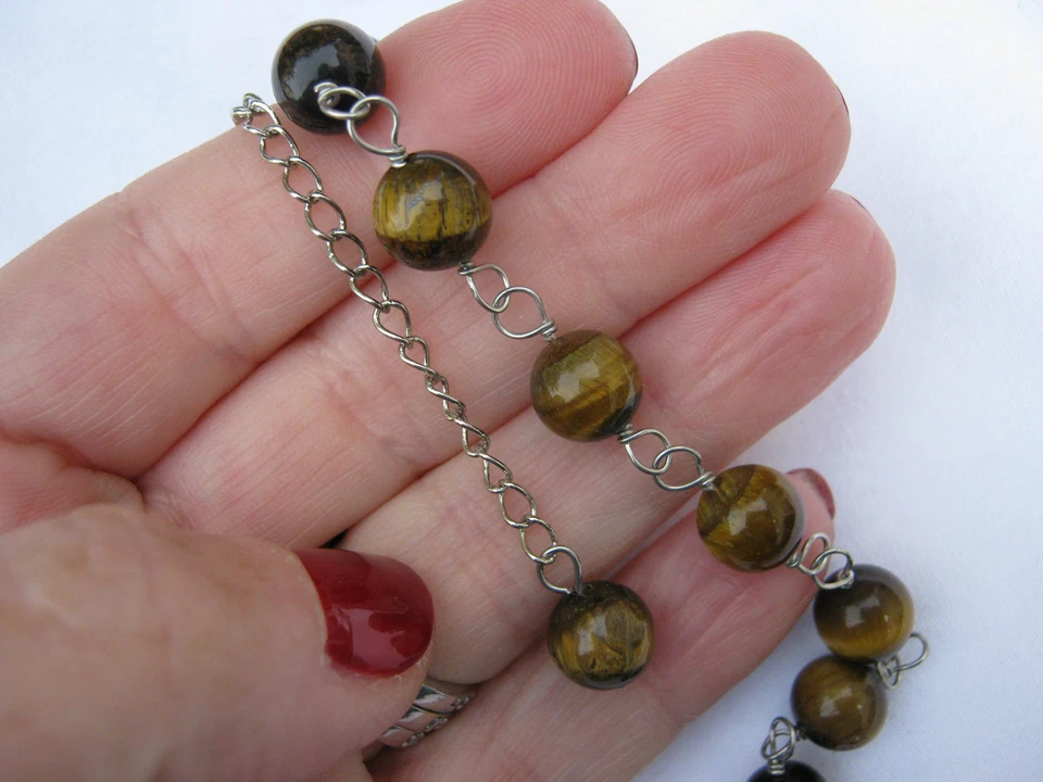 Tobillera estilo taza de hojalata de 8"-10" con ojo de tigre marrón y plata de ley Foto 3 de 4