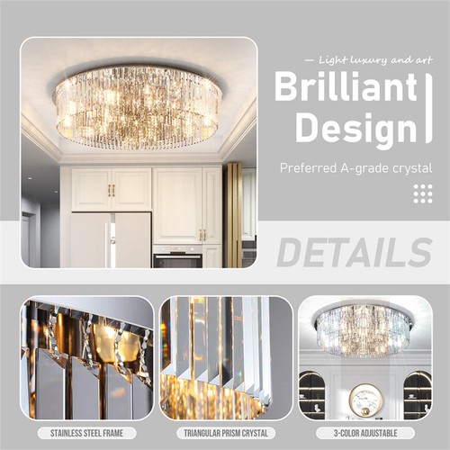 Modern Crystal Ceiling Light Round Prism Chandelier Lamp Flush Mount Living Room - Picture 14 of 24