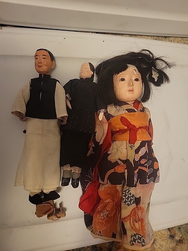 LESEN Konvolut 3 antike chinesische Puppen Nachlass Verkauf Holz Kimono Puppe der Hoffnung? - Bild 1 von 23