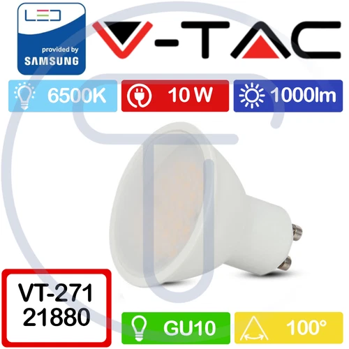 V-TAC PRO VT-271 880 LED Spot Samsung Chip GU10 10W 100° Satin Cold Light