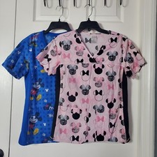 Set of 2 Disney Minnie Mouse Scrub Tops Blue  Pink Pullover Short Sleeves Sz XS
