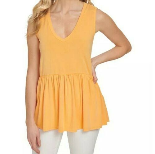 DKNY Jeans Damen Tank Top Bluse Gr. Medium orange ärmellos Schößchen V-Ausschnitt neu mit Etikett