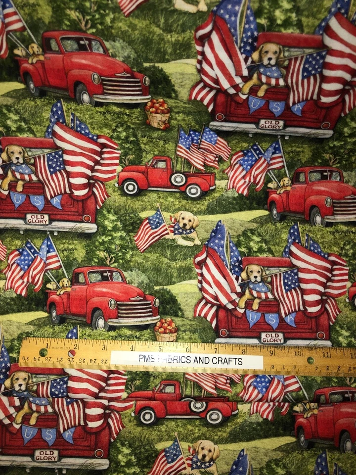 Spring Creative Patriotic Dogs Red Truck 100% light wt cotton fabric by the yard - Image 4 of 4