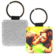 Personalized Custom Square Leather Silver Sparkle Logo Photo Key Chain Key Tag