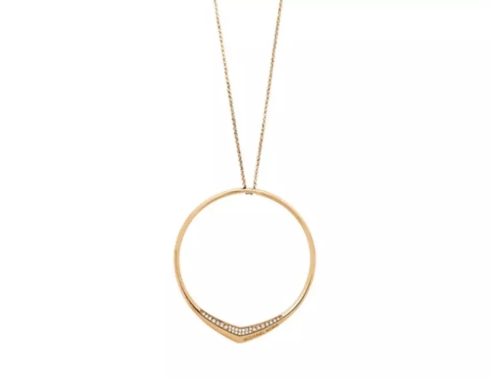 MICHAEL KORS Knife Edge Gold Necklace Crystals Circle Pendant