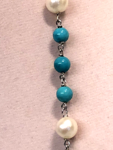 HONORA CULTURED PEARL & TURQUOISE GEMSTONE BEAD 36" NECKLACE STERLING (M2062-22) - Picture 5 of 8