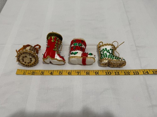 Vintage Bead Sequin Christmas Ornaments Set 4 Handmade Push Pin Santas Boot Bell - Picture 5 of 9