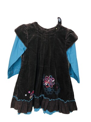 CATIMINI DRESS Sz 86 2yr Teal Ruffle Brown Velour back snap Embroidered Flowers 
