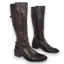 90s Vintage Brown Genuine Leather Knee High Riding Boots Women's Flat Boots 36-6