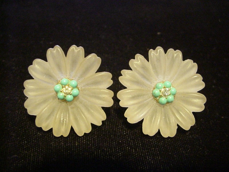 Lisner Flower Earrings Frosted Lucite Faux Persian Turquoise Rh Stone Clip On
