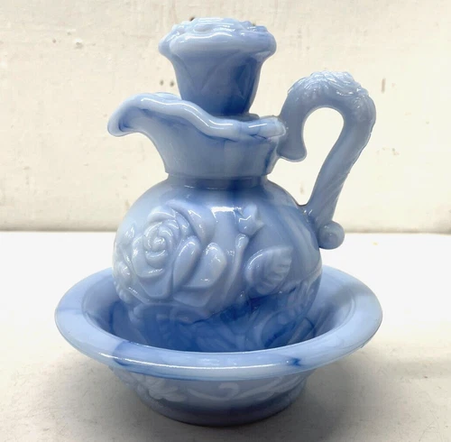 Vintage Avon Blue Marbled Milkglass Pitcher and Basin