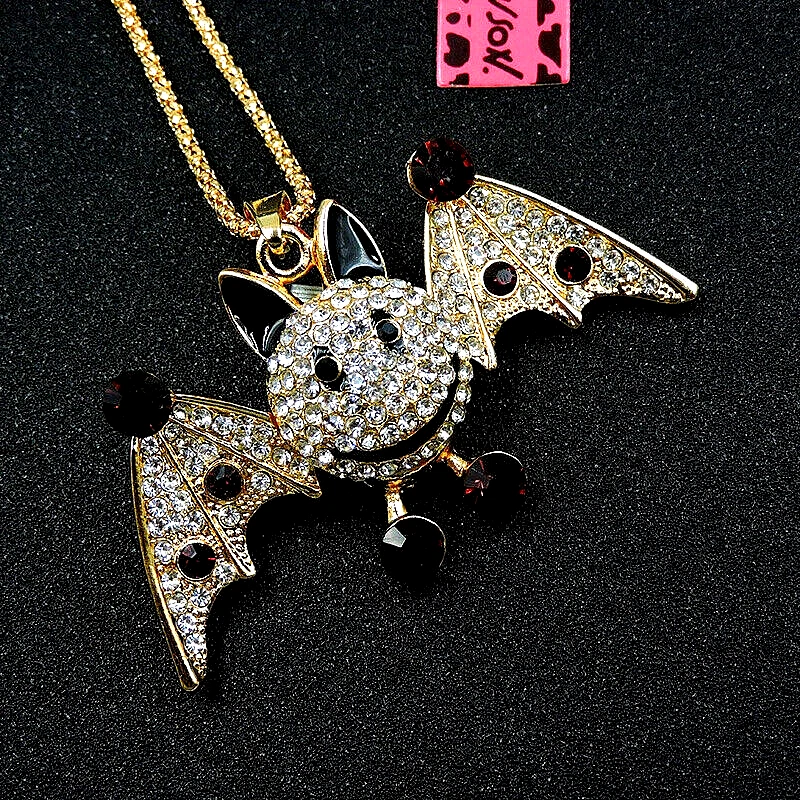Betsey Johnson Crystal Bat Movable Wings 3D Gold Pendant Necklace Free Gift Bag