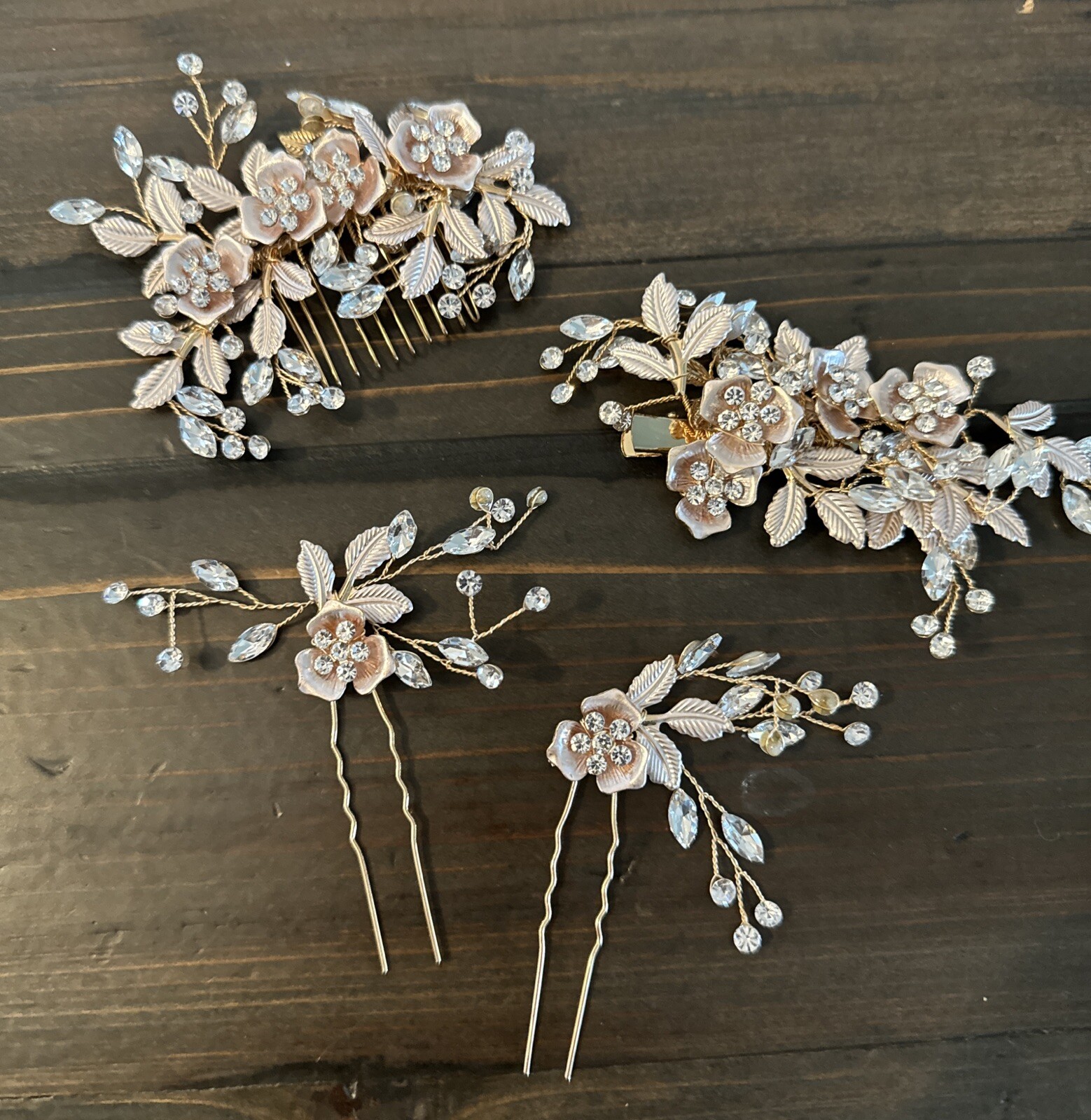 4 Piece Bridal Hair Accessories, Rose Gold  and Floral Accents